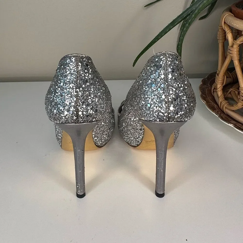 ✨ Miu Miu Silver Glitter Peep-Toe Heels 36.5 (US 6.5) Designer Party Shoes Italy - Picture 6 of 13